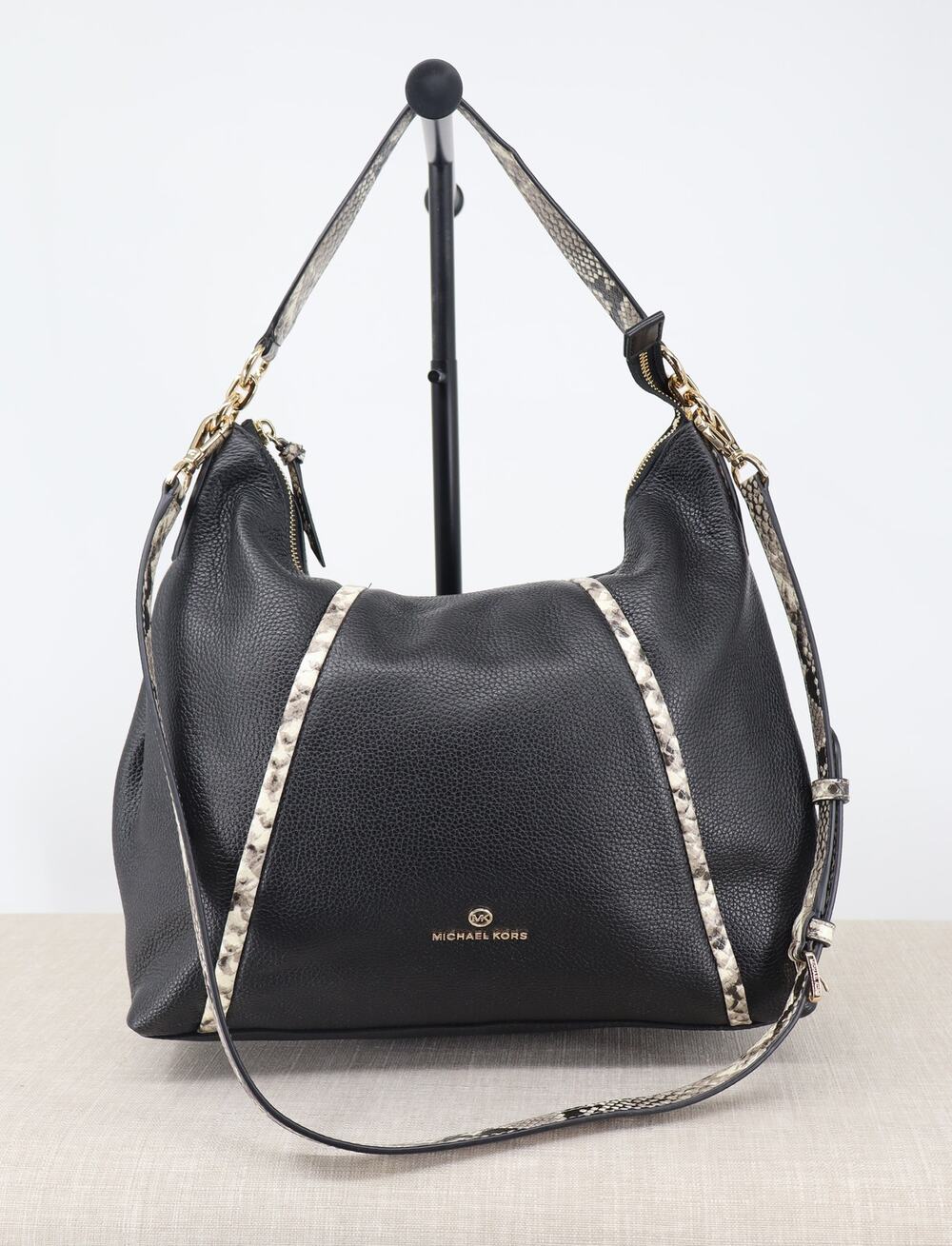 Michael Kors Sienna Large Convertible Shoulder Bag Black Snake Print Trim